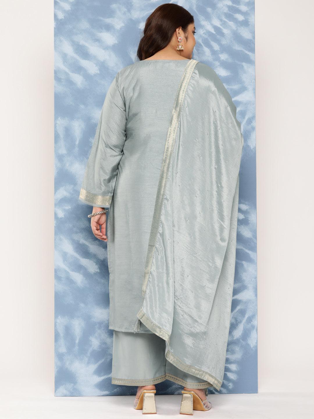Grey Woven Design Silk Blend Straight Kurta With Trousers and Dupatta