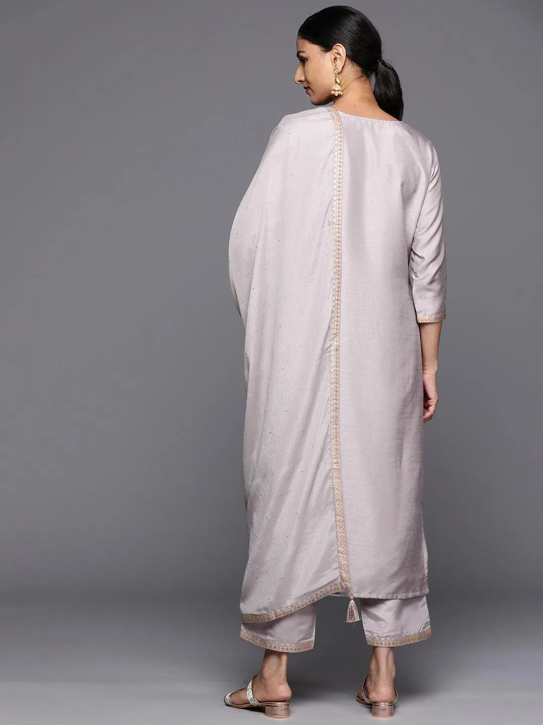 Grey Woven Design Silk Blend Straight Kurta With Trousers & Dupatta - Libas 