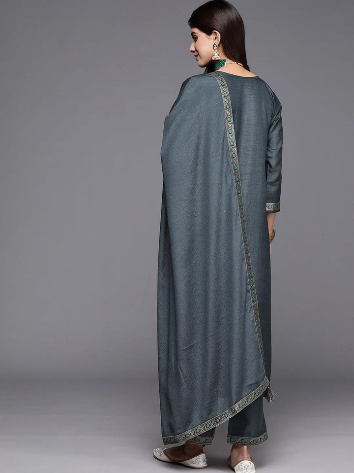 Grey Woven Design Silk Blend Straight Kurta With Trousers & Dupatta - Libas