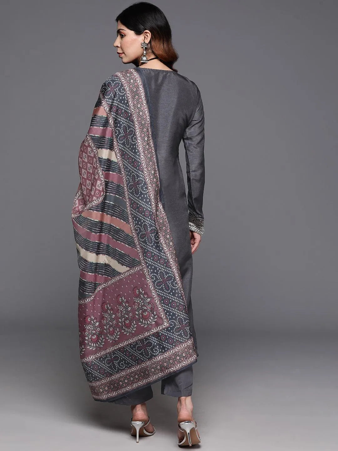 Grey Woven Design Silk Blend Straight Kurta With Trousers & Dupatta - Libas 