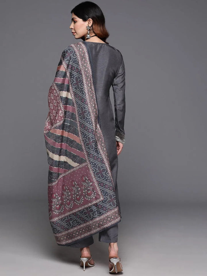 Grey Woven Design Silk Blend Straight Kurta With Trousers & Dupatta - Libas
