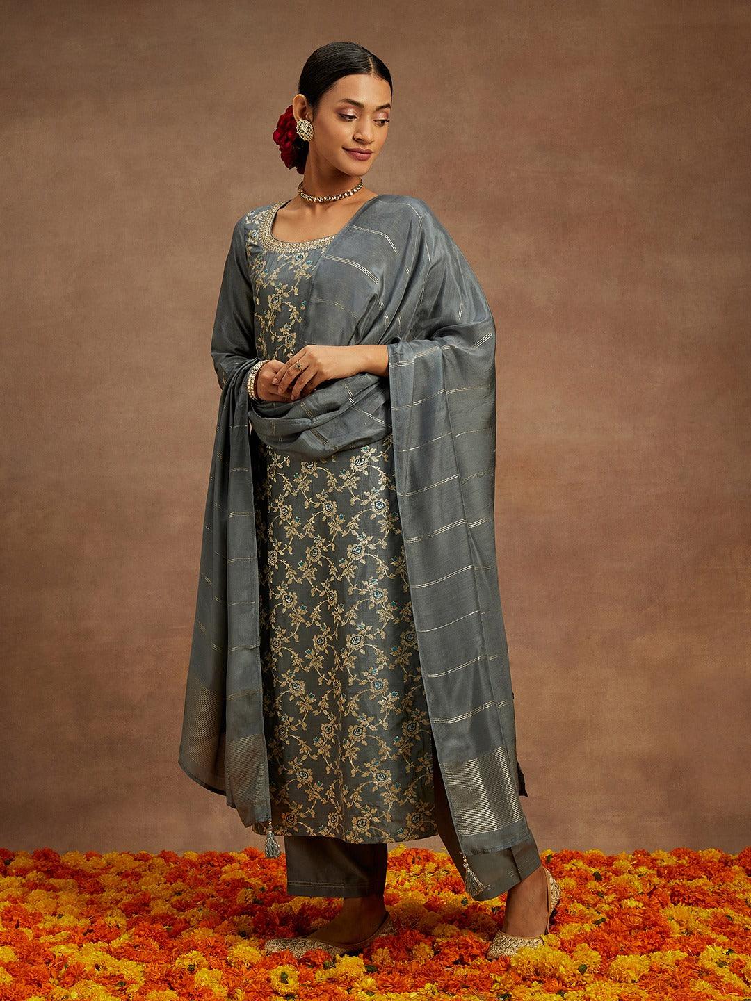 Grey Woven Design Silk Blend Straight Suit With Dupatta