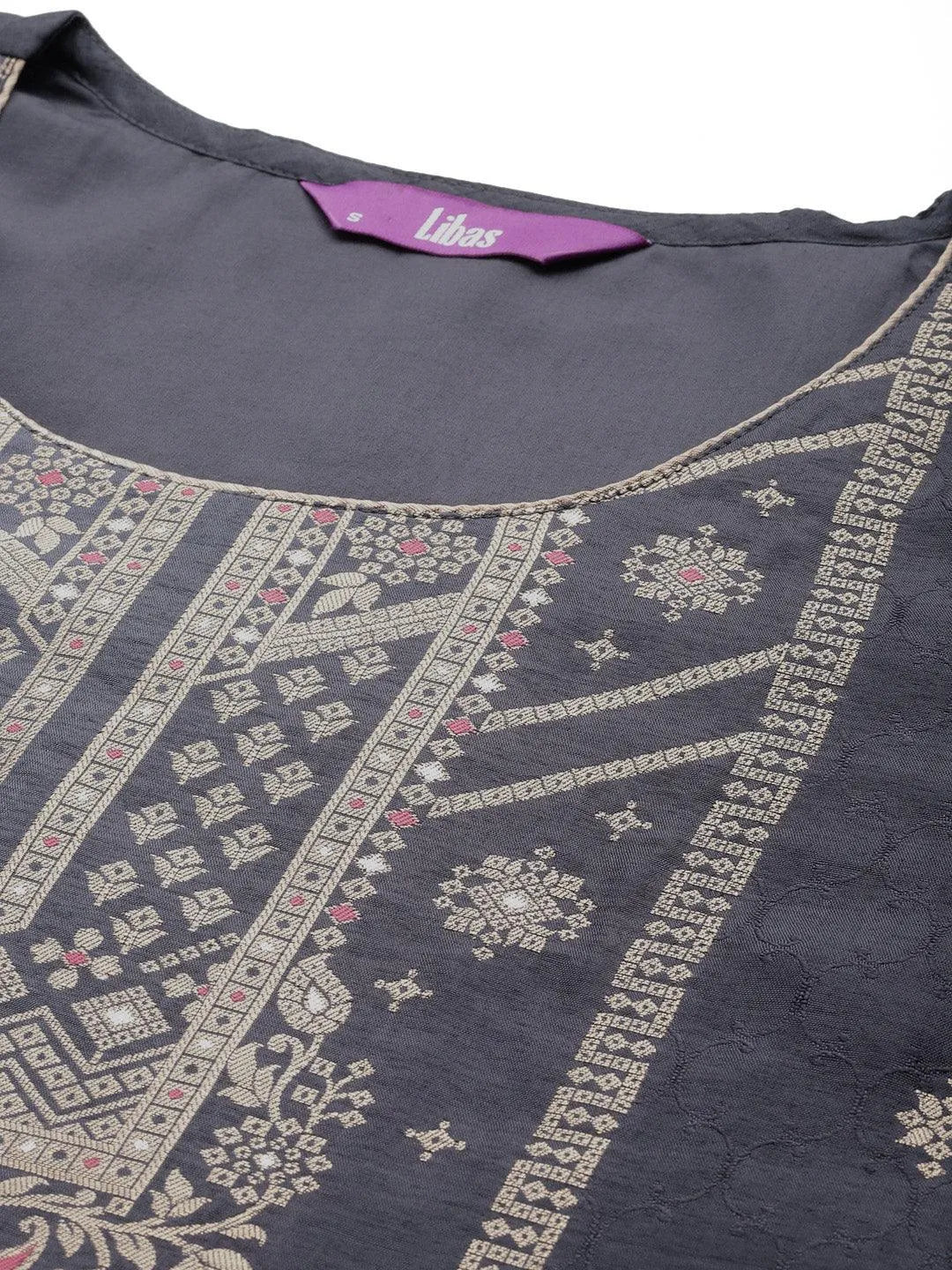 Grey Woven Design Silk Blend Straight Kurta With Trousers & Dupatta - Libas 