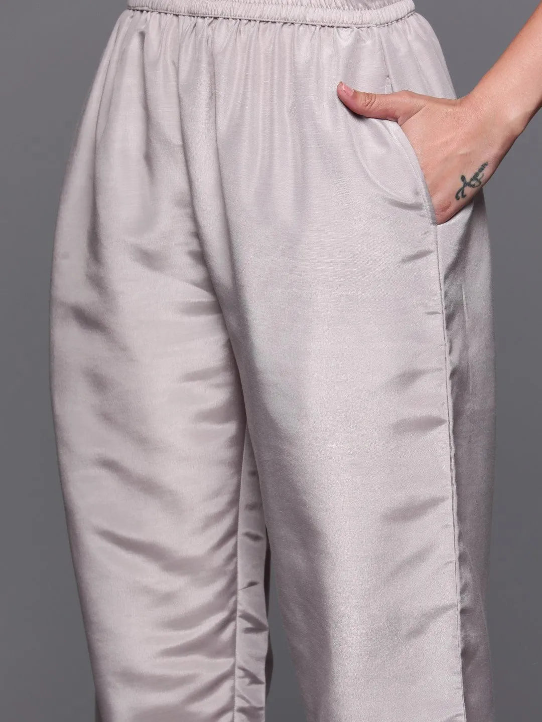 Grey Woven Design Silk Blend Straight Kurta With Trousers & Dupatta - Libas 