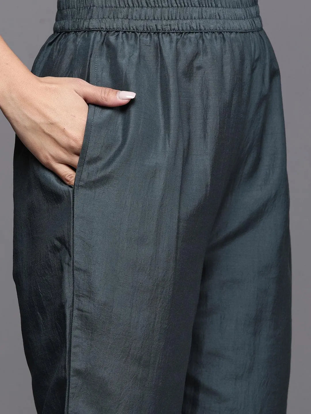 Grey Woven Design Silk Blend Straight Kurta With Trousers & Dupatta - Libas 