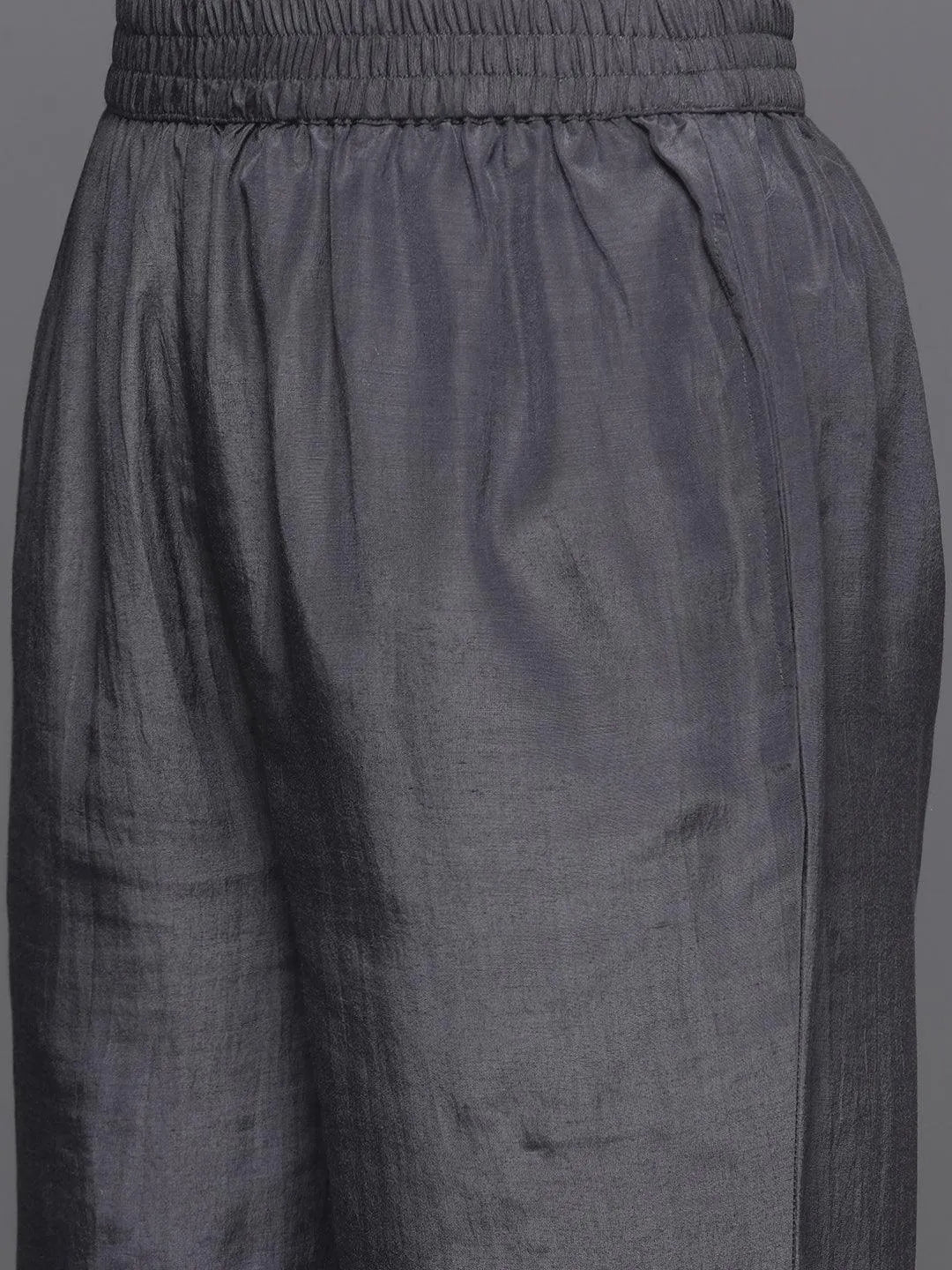 Grey Woven Design Silk Blend Straight Kurta With Trousers & Dupatta - Libas 