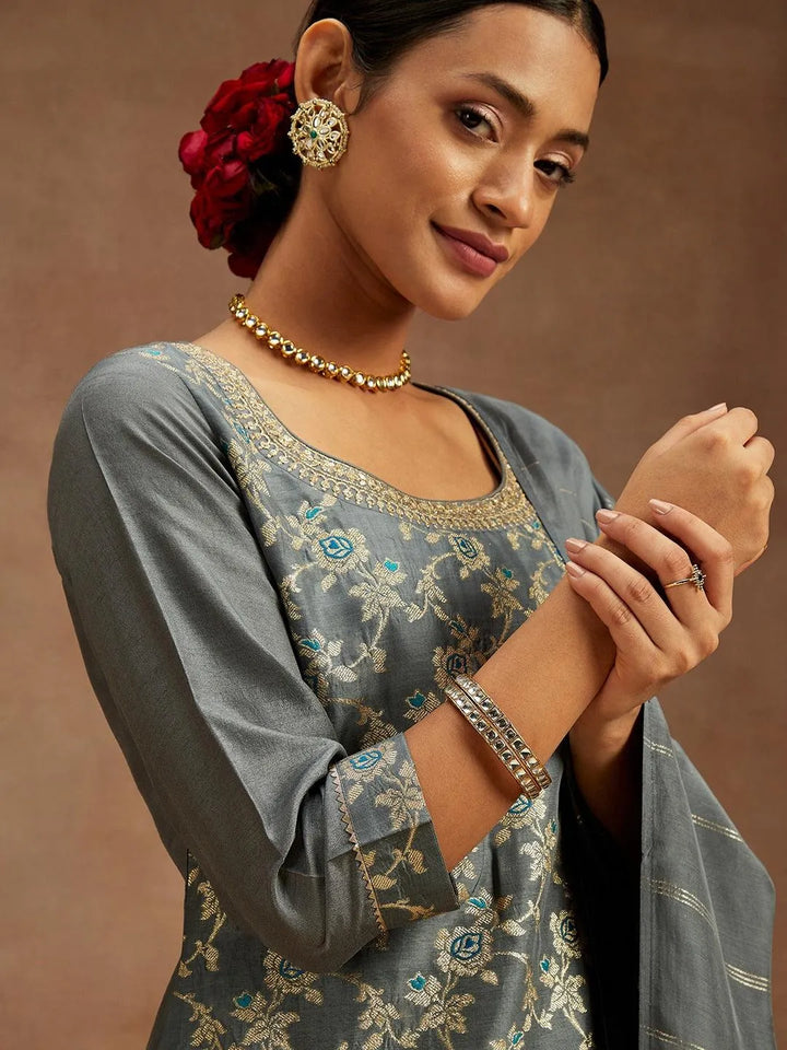 Grey Woven Design Silk Blend Straight Kurta With Trousers & Dupatta - Libas