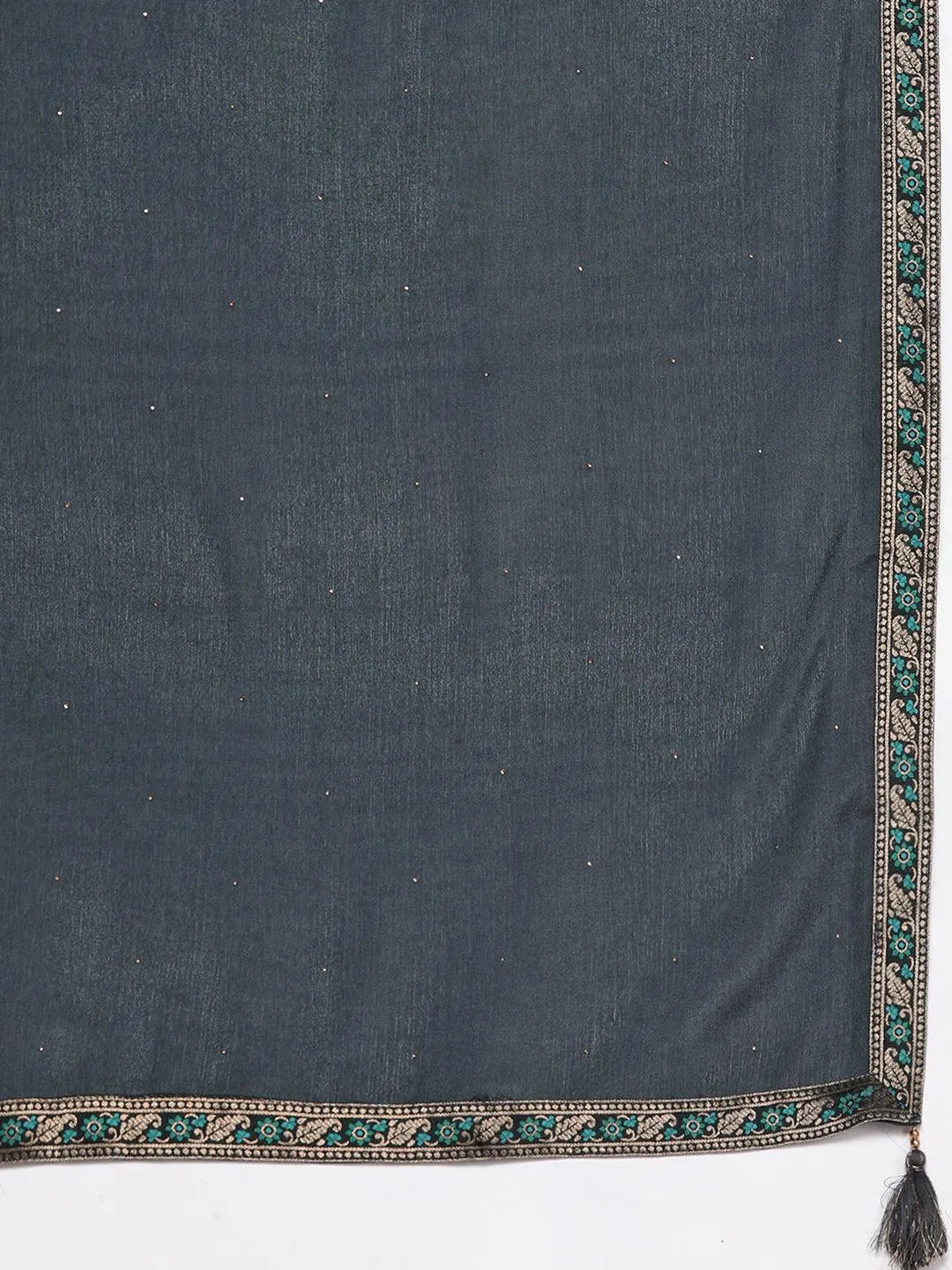 Grey Woven Design Silk Blend Straight Kurta With Trousers & Dupatta - Libas 