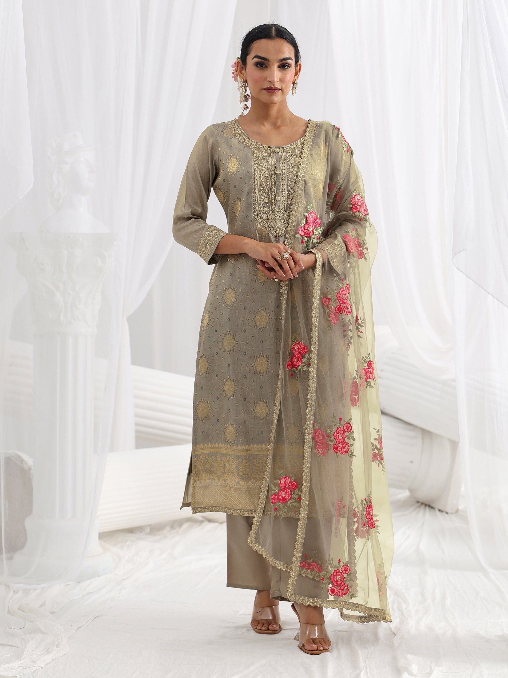 Grey Woven Design Silk Blend Straight Suit Set With Dupatta-image-46