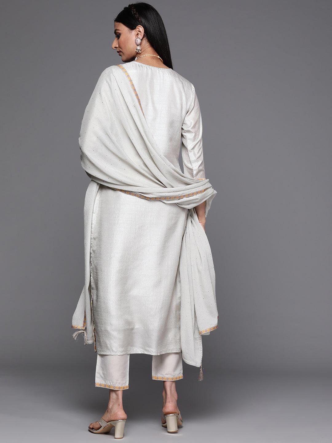 Grey Woven Design Silk Straight Kurta With Dupatta