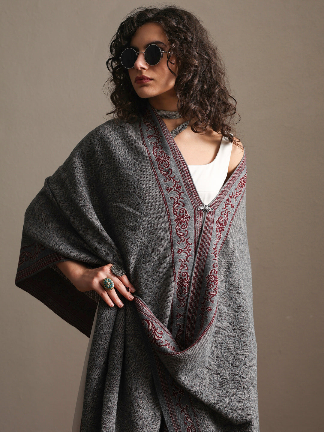 Grey Woven Design Wool Women's Shawl