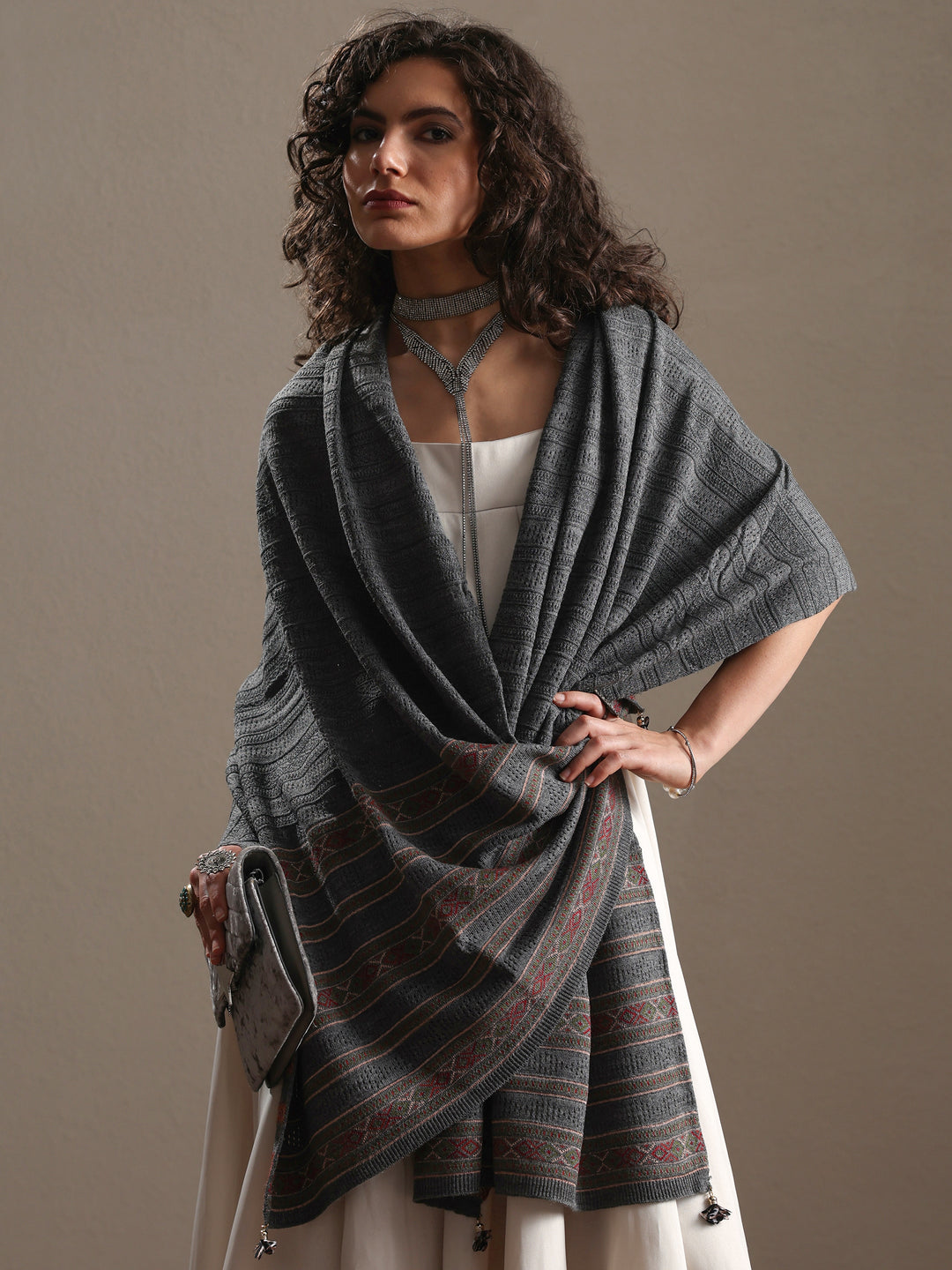 Grey Woven Design Wool Women's Shawl