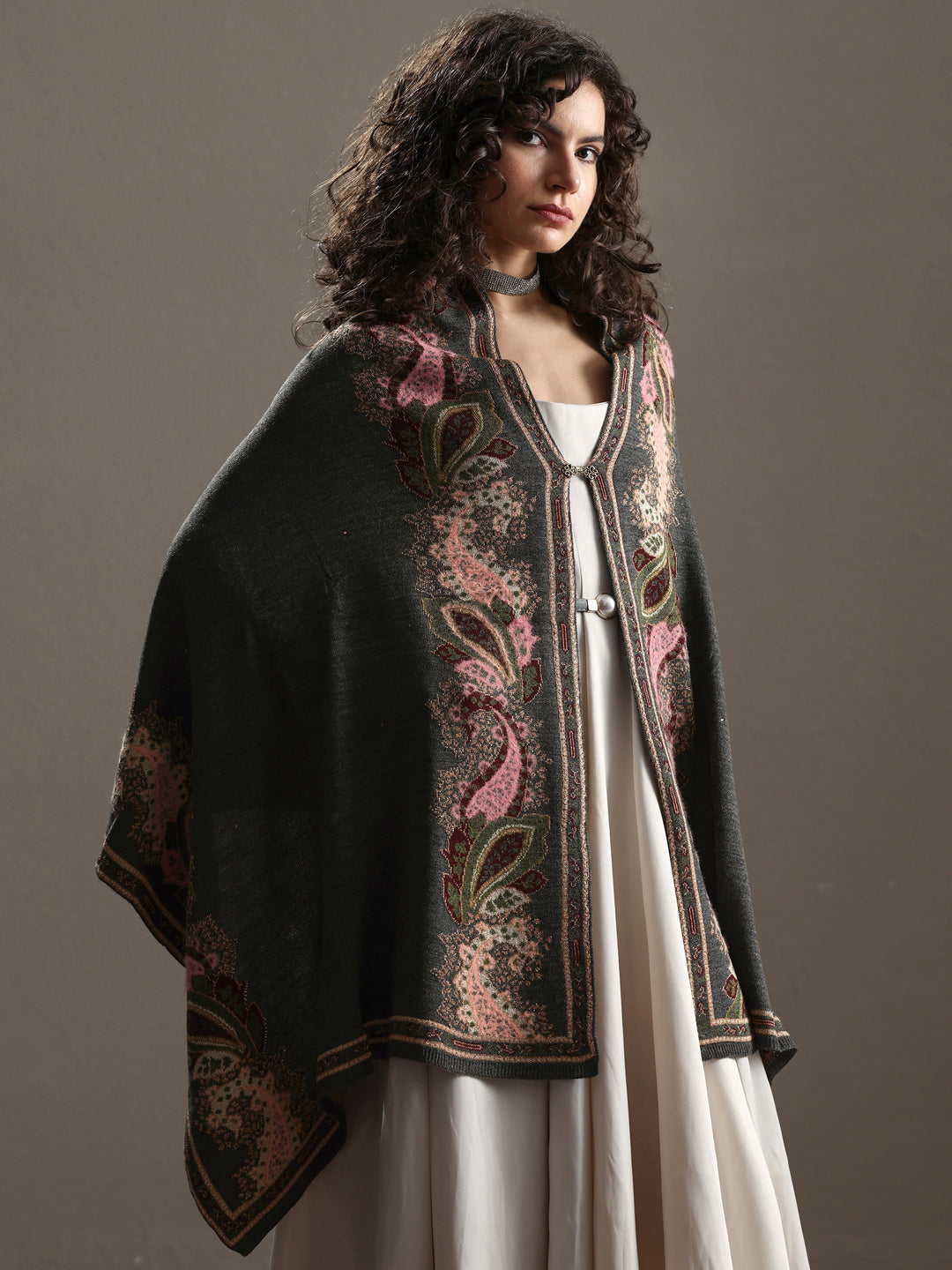 Grey Woven Design Wool Women's Shawl