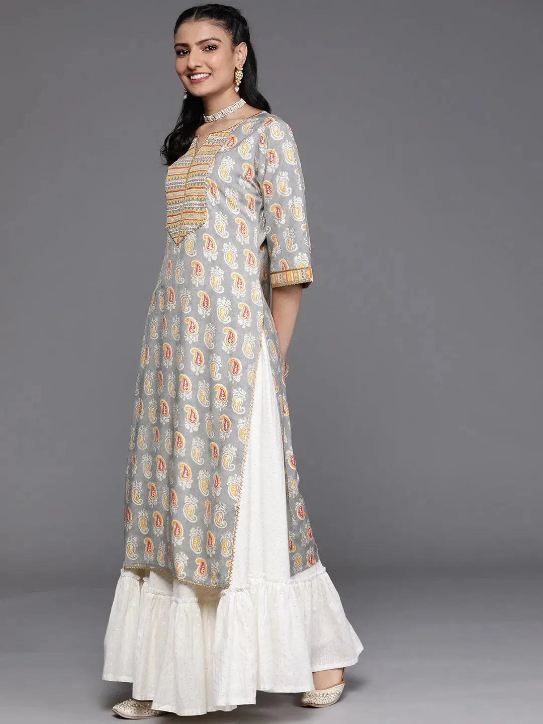 Grey Yoke Design Chanderi Silk Kurta - Libas