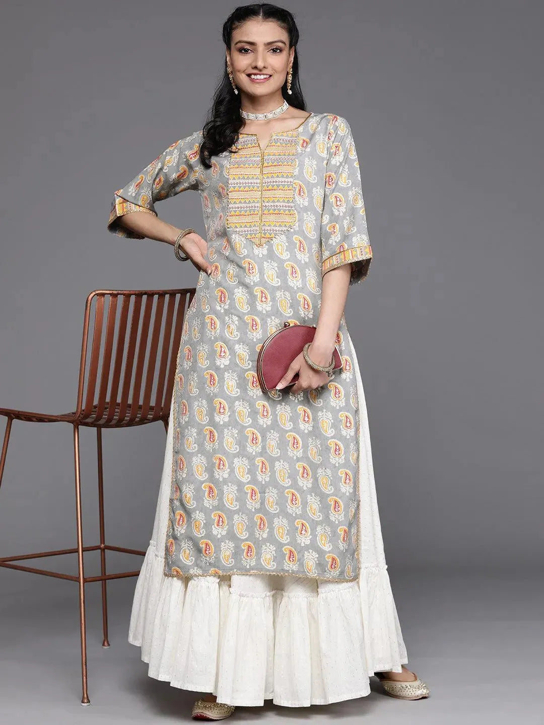 Grey Yoke Design Chanderi Silk Kurta - Libas