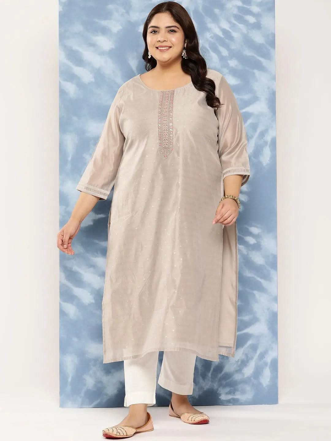 Grey Yoke Design Chanderi Silk Straight Kurta - Libas