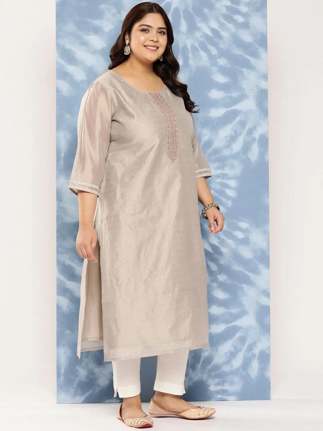 Grey Yoke Design Chanderi Silk Straight Kurta - Libas 