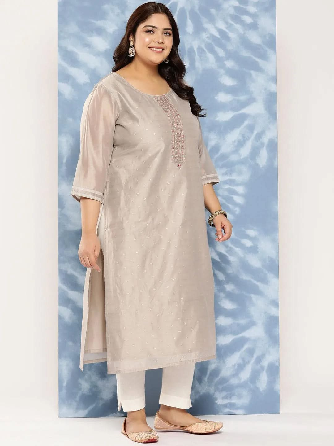 Grey Yoke Design Chanderi Silk Straight Kurta - Libas