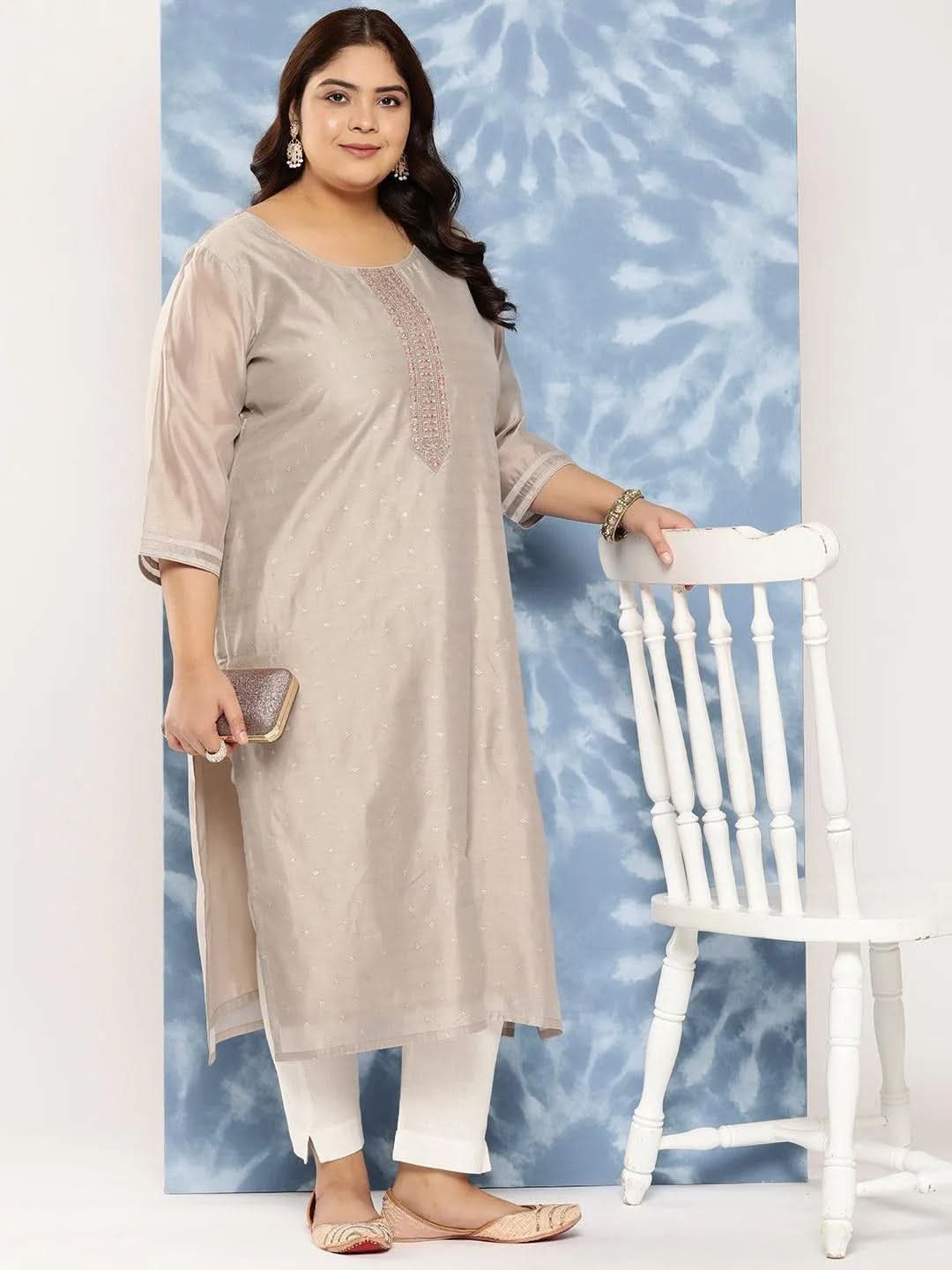 Grey Yoke Design Chanderi Silk Straight Kurta - Libas 