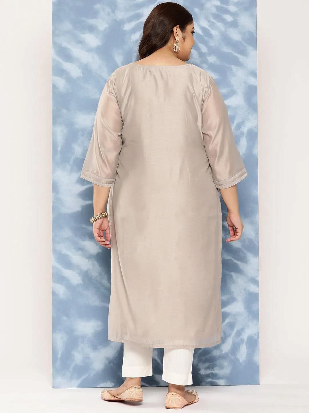 Grey Yoke Design Chanderi Silk Straight Kurta - Libas 