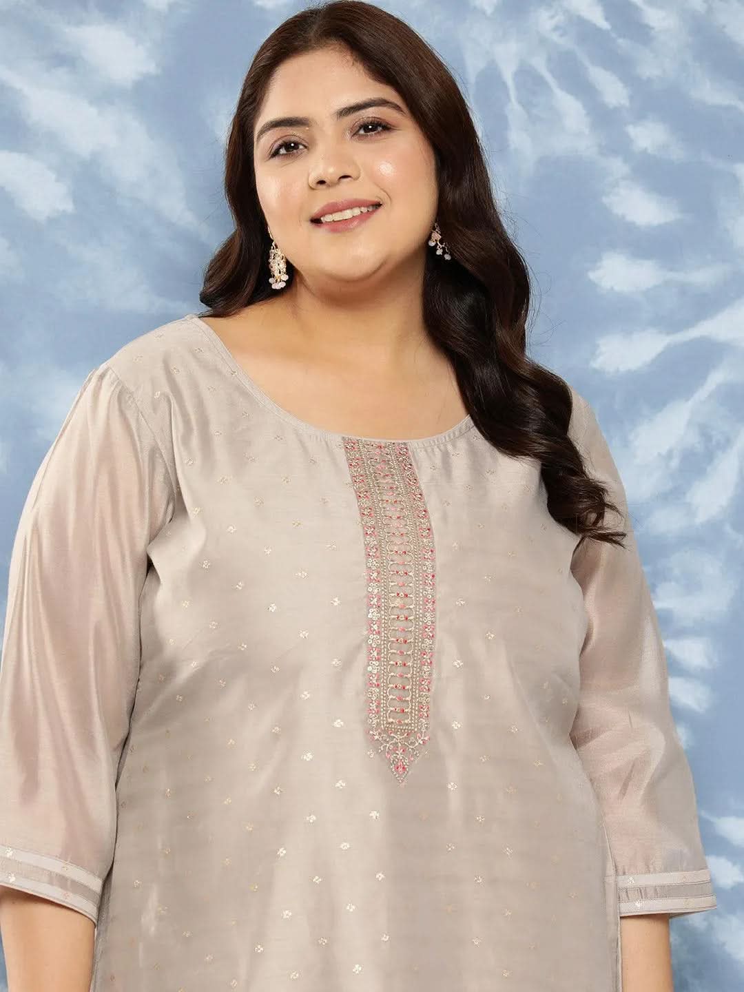 Grey Yoke Design Chanderi Silk Straight Kurta - Libas 