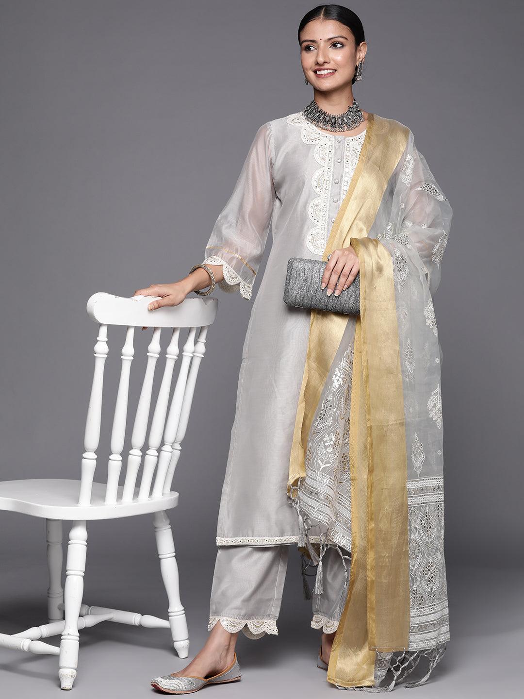 Grey Yoke Design Chanderi Silk Straight Suit Set - Libas