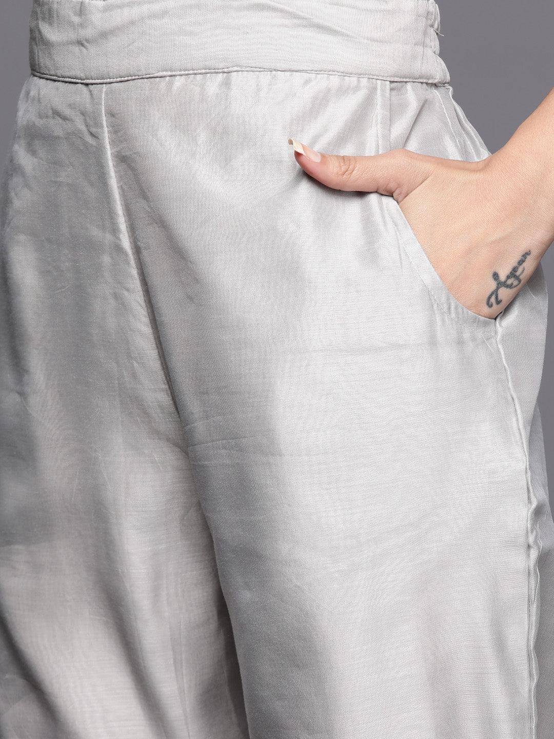 Grey Yoke Design Chanderi Silk Straight Suit Set - Libas