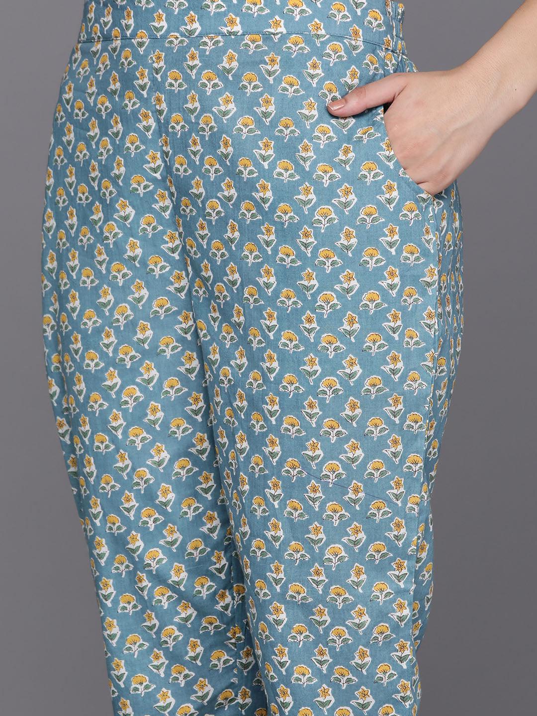 Grey Yoke Design Cotton Anarkali Suit Set With Trousers - Libas