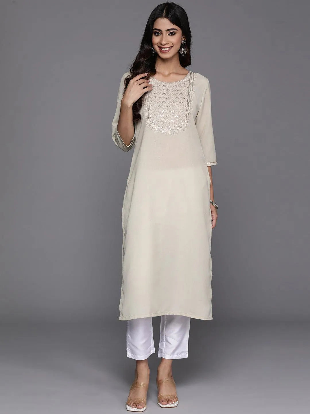 Grey Yoke Design Cotton Straight Kurta - Libas 