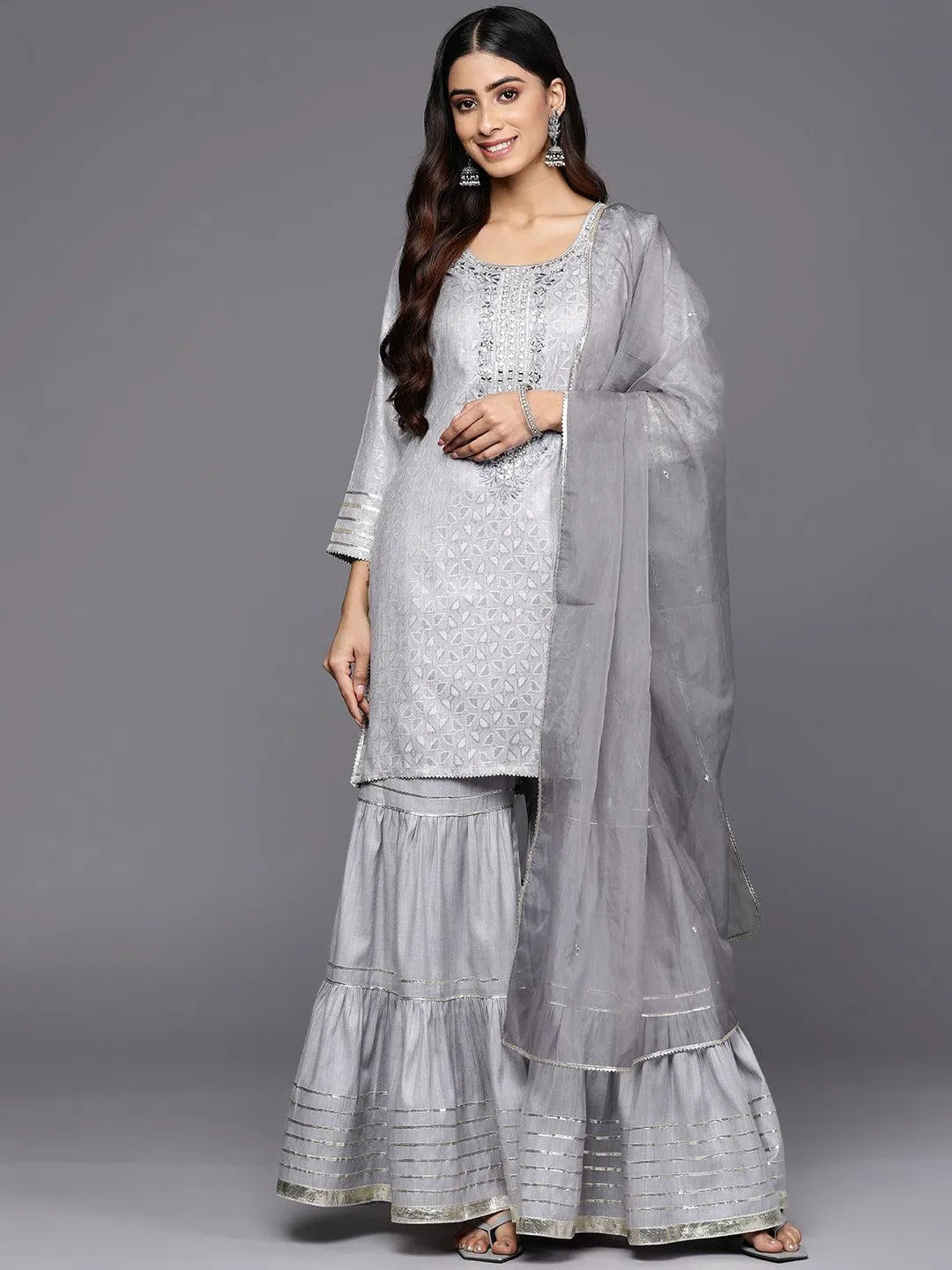 Grey Yoke Design Cotton Straight Suit Set With Sharara - Libas