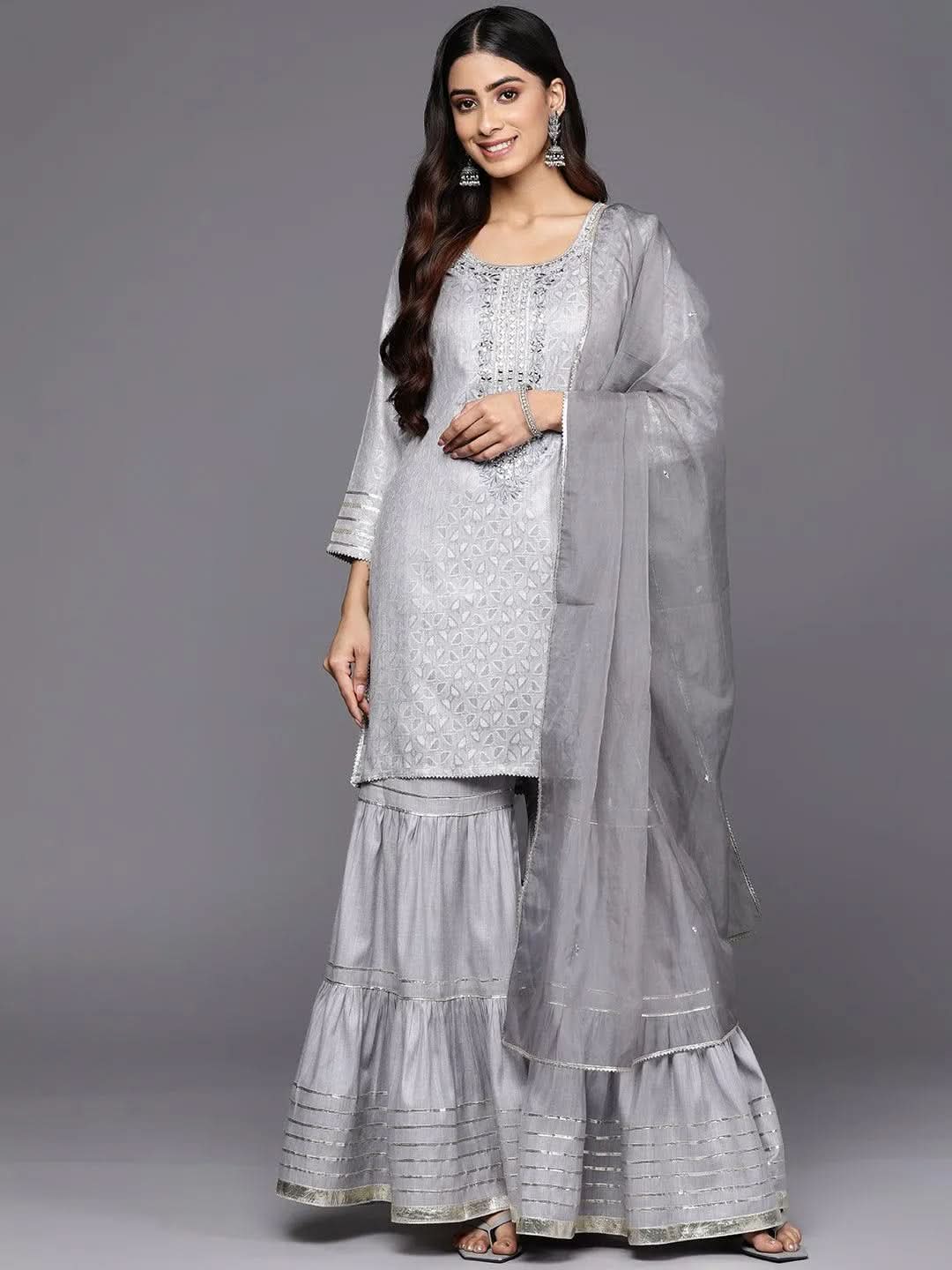 

Grey Yoke Design Cotton Straight Sharara Suit Set With Dupatta