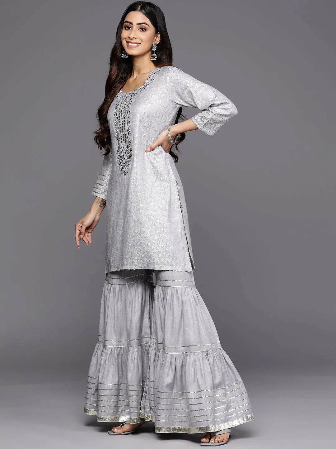 Grey Yoke Design Cotton Straight Suit Set With Sharara - Libas