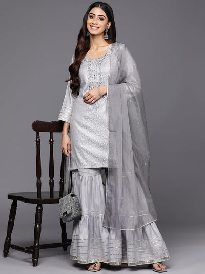 Grey Yoke Design Cotton Straight Suit Set With Sharara - Libas