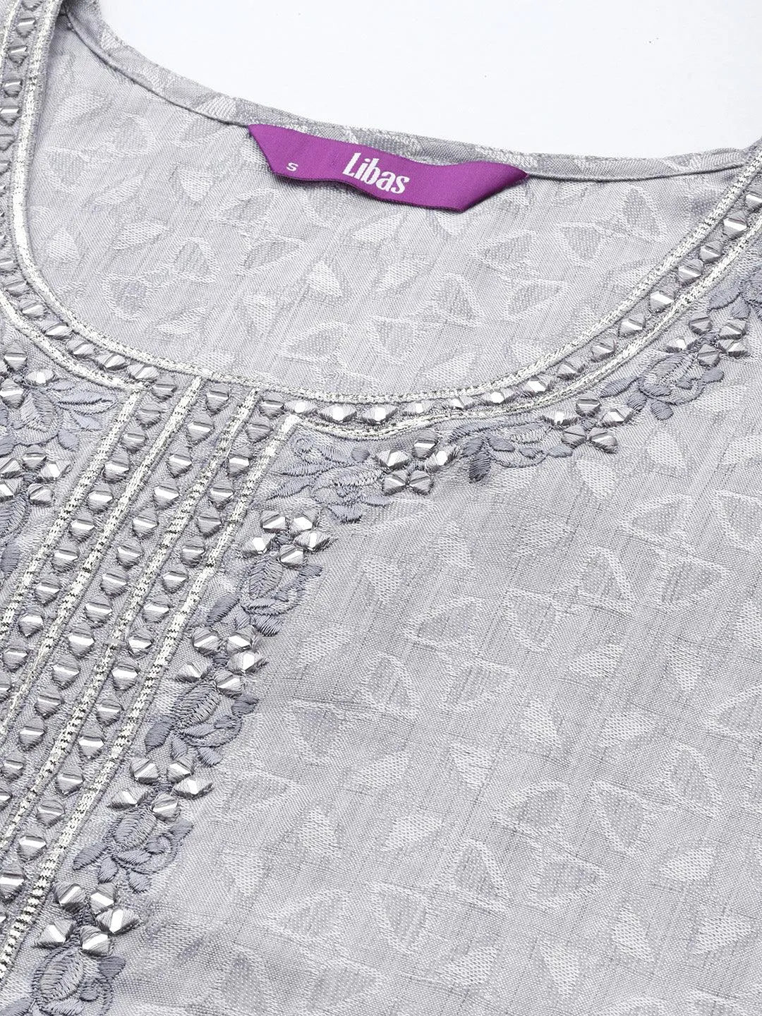Grey Yoke Design Cotton Straight Suit Set With Sharara - Libas 