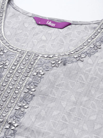 Grey Yoke Design Cotton Straight Suit Set With Sharara - Libas