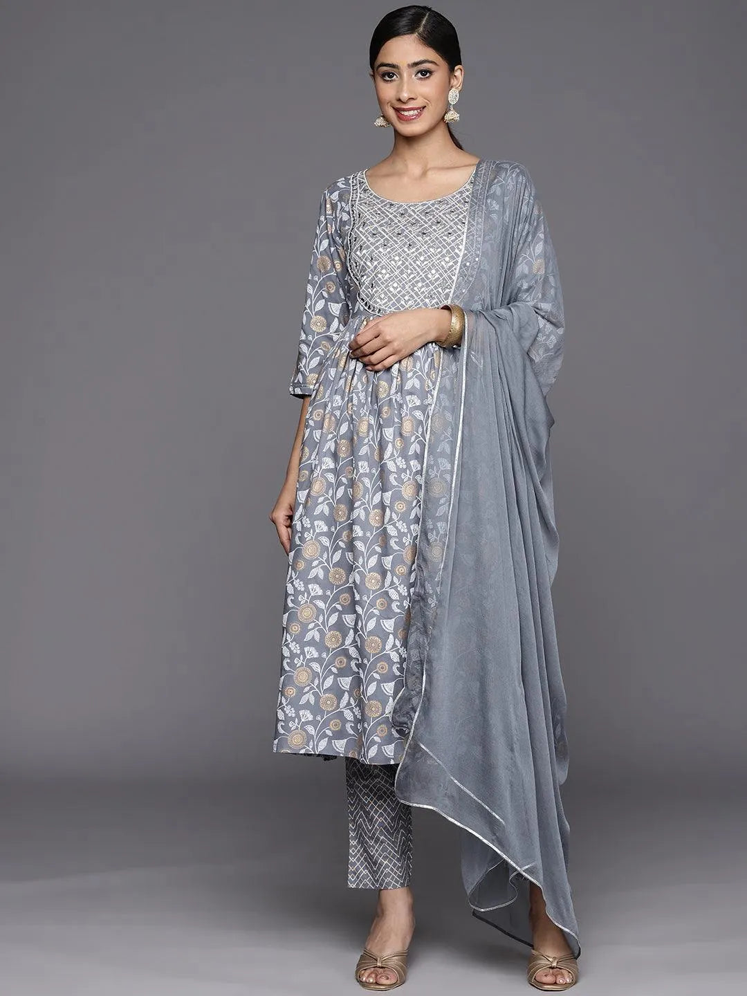 Grey Yoke Design Rayon A-Line Suit Set With Trousers - Libas