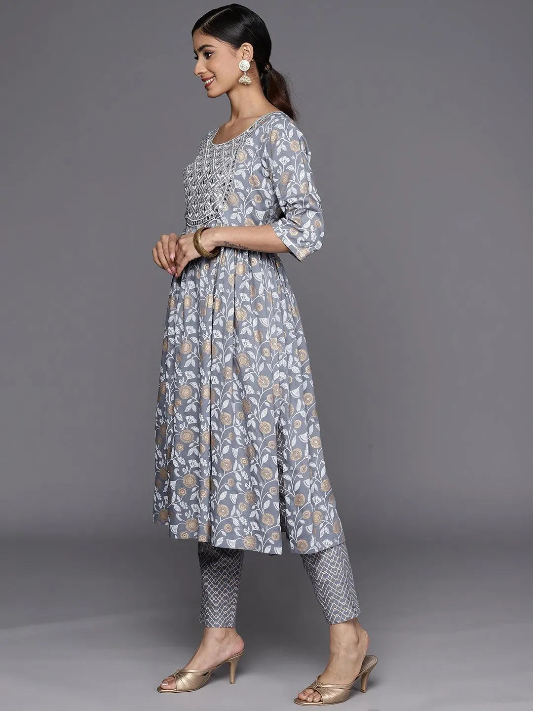 

Grey Yoke Design Rayon A-Line Kurta With Trousers & Dupatta