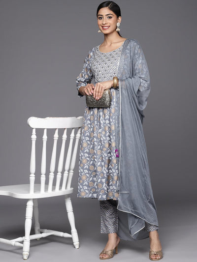 Grey Yoke Design Rayon A-Line Suit Set With Trousers - Libas