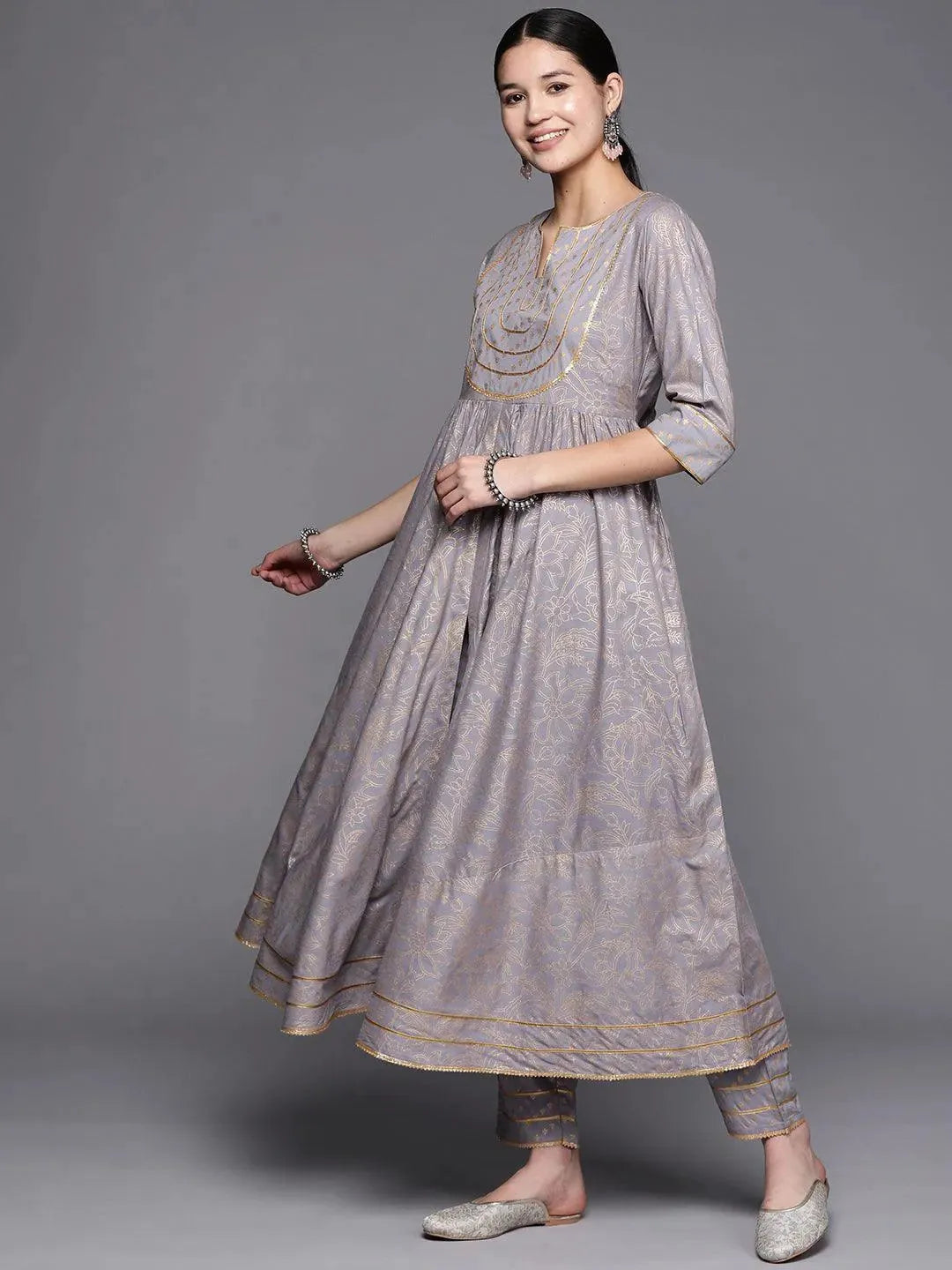 

Grey Yoke Design Rayon Anarkali Kurta With Trousers & Dupatta