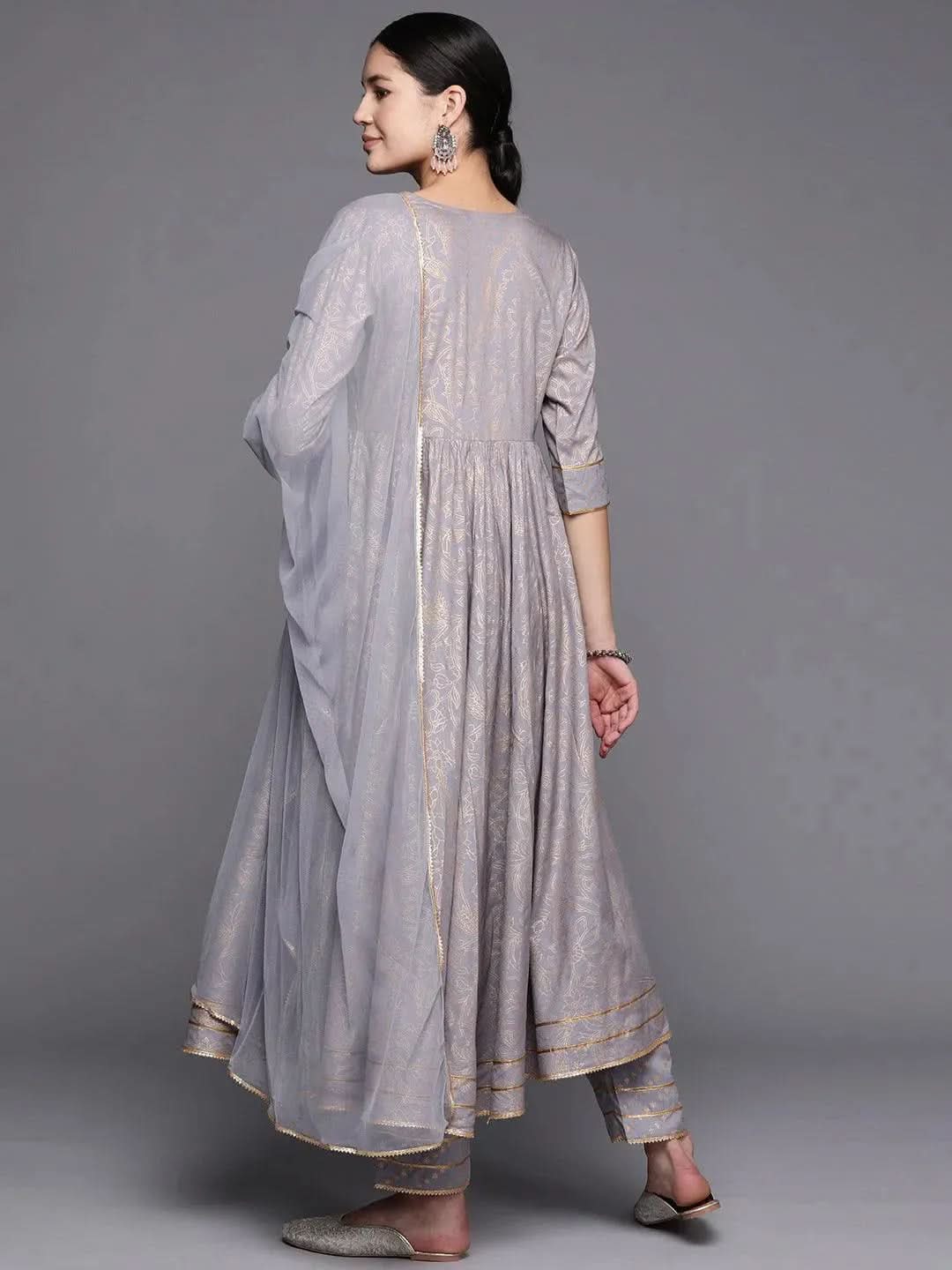 Grey Yoke Design Rayon Anarkali Suit Set With Trousers - Libas 