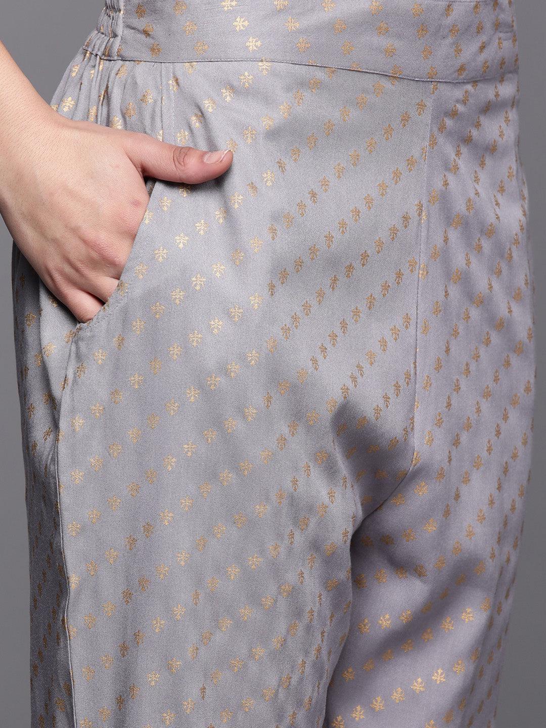Grey Yoke Design Rayon Anarkali Suit Set With Trousers - Libas