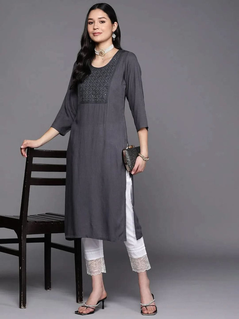 Libas Grey Yoke Design Rayon Straight Kurta