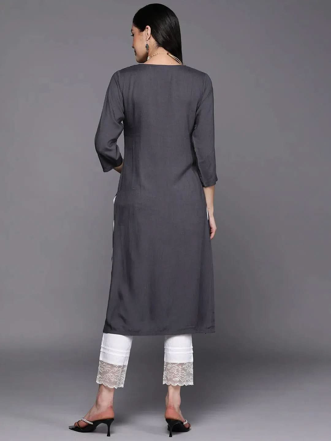 Grey Yoke Design Rayon Straight Kurta - Libas 