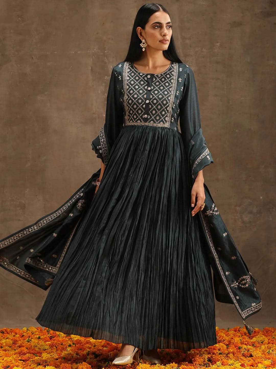

Grey Yoke Design Silk Blend Anarkali Kurta With Trousers & Dupatta