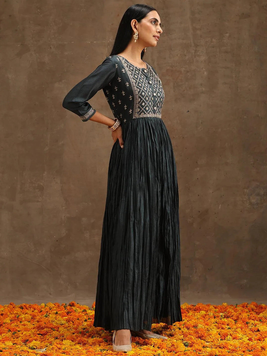 Grey Yoke Design Silk Blend Anarkali Suit Set With Trousers - Libas 