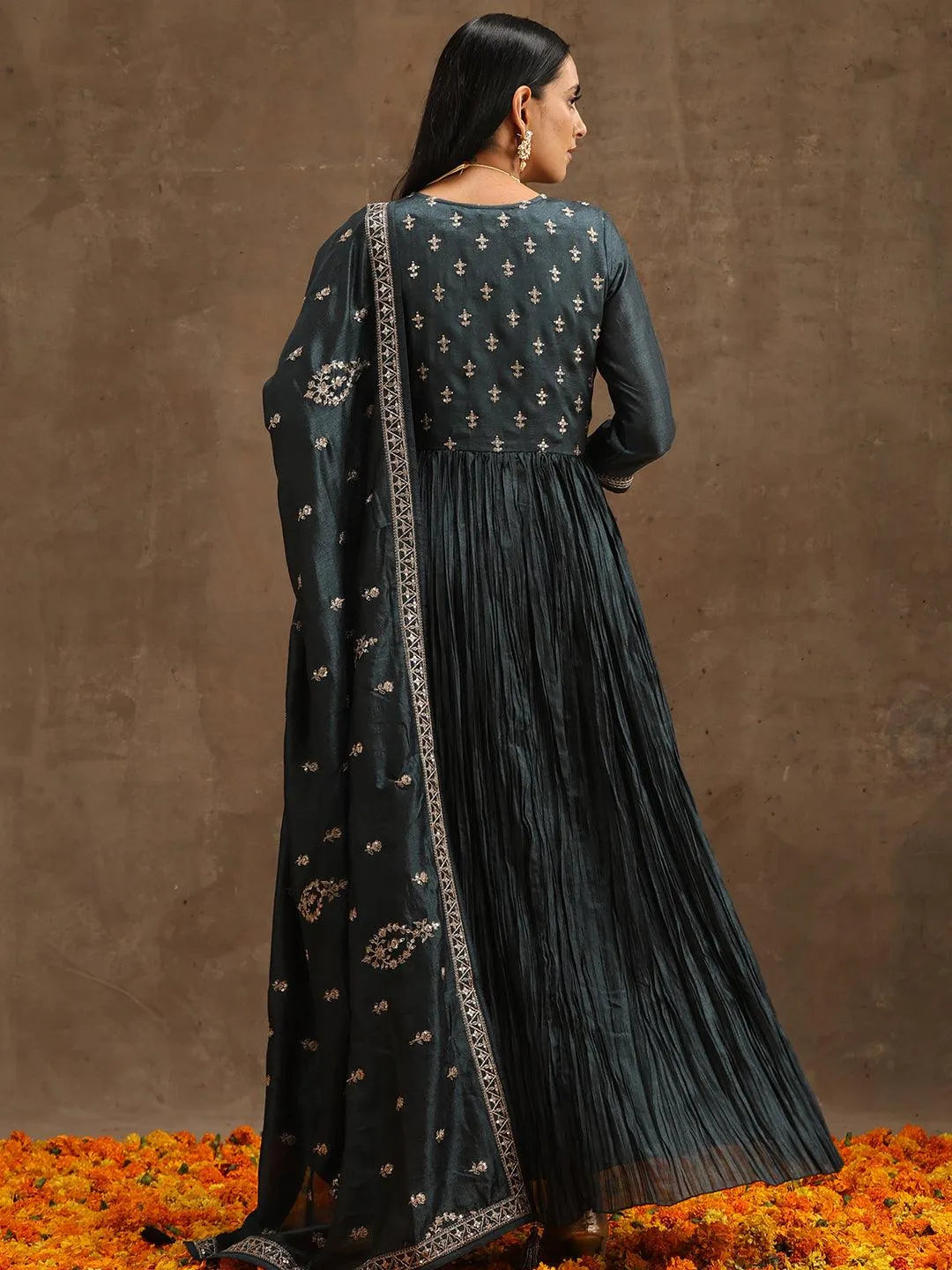 Grey Yoke Design Silk Blend Anarkali Suit Set With Trousers - Libas 