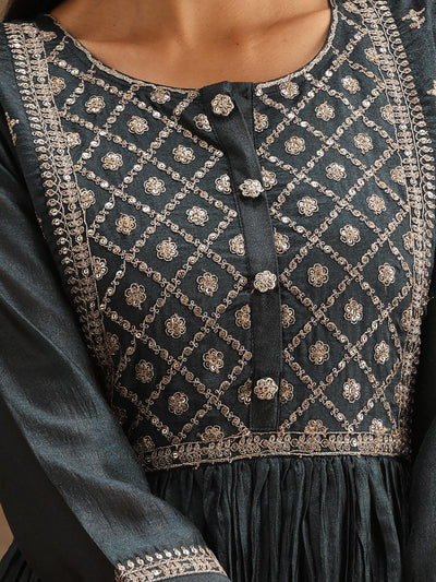 Grey Yoke Design Silk Blend Anarkali Suit Set With Trousers - Libas