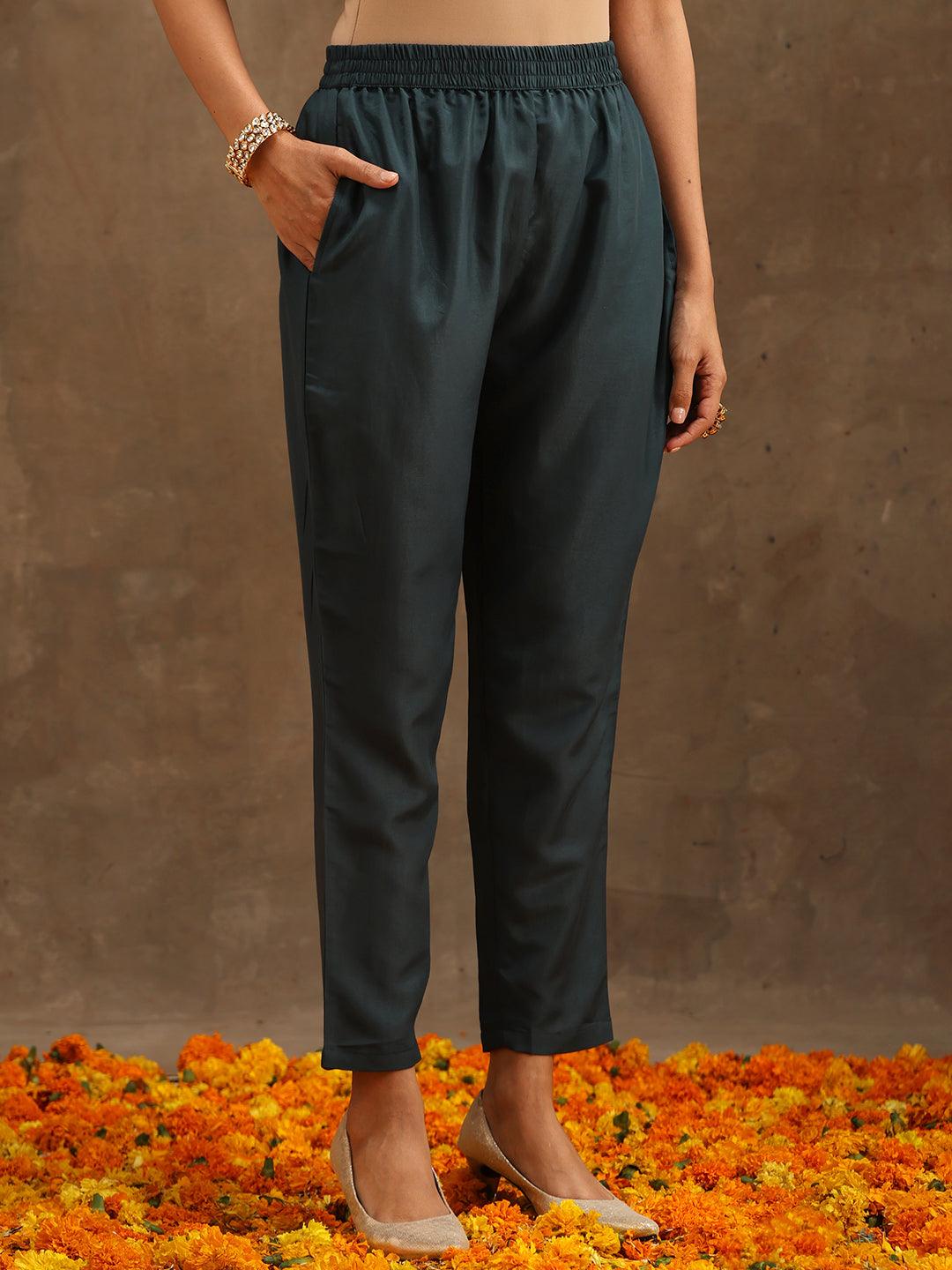 Grey Yoke Design Silk Blend Anarkali Suit Set With Trousers - Libas