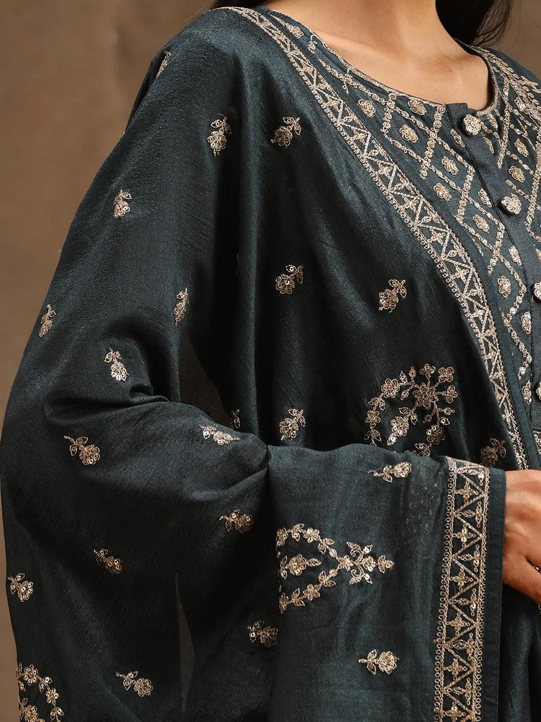 Grey Yoke Design Silk Blend Anarkali Suit Set With Trousers - Libas 