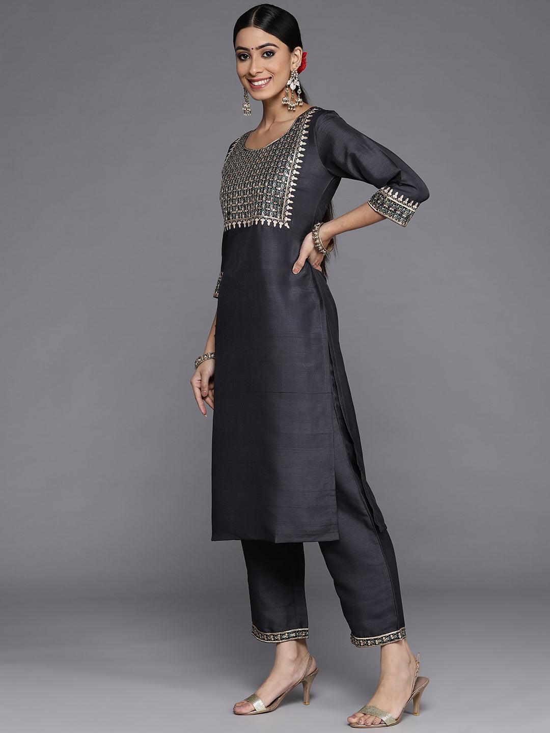 Grey Yoke Design Silk Blend Straight Suit Set With Trousers - Libas